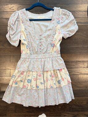 LoveShackFancy Floral Tiered Puff-Sleeve Dress - Blue & Cream & Pink